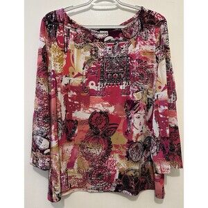 Investments XL Boho Abstract Print Top – Pink Gold Multicolor Stretch Knit